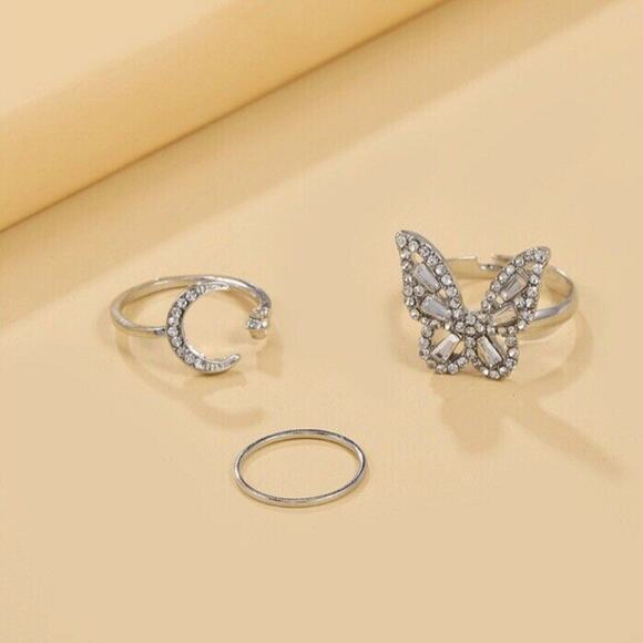 Silver Alloy Plated Fashion Rhinestone Butterfly Moon Star Ring Trio - Picture 7 of 8